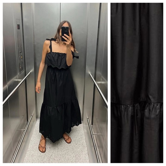 NWT. Zara Black Cotton Openwork Embroidery Midi Dress. Size M. - Picture 2 of 9